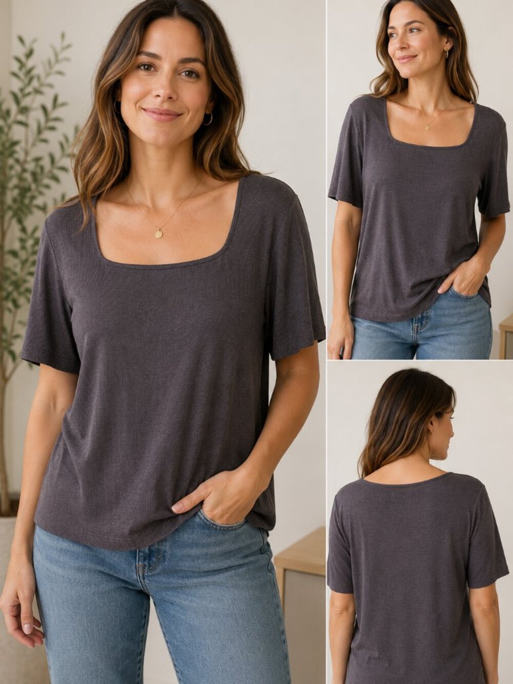 Banana Republic XL Charcoal Ribbed Square Neck Soft Stretch Short Sleeve Top